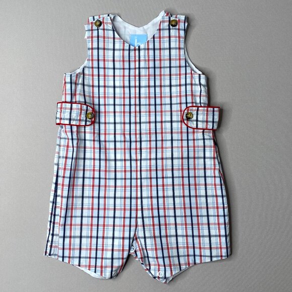 Bella Bliss Red/White/Blue Plaid Jon Jon Romper Boys 12 Mo - Picture 1 of 5